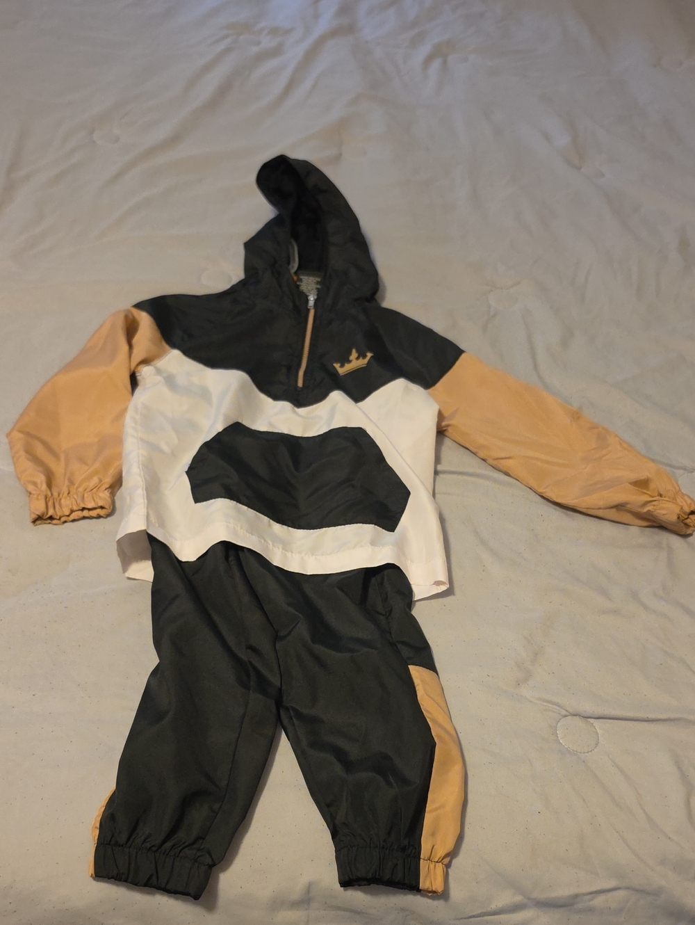 Kids Colorblock Hooded Windbreaker Set - Black, White & Tan